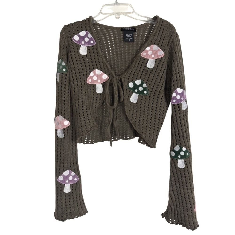THORN & FABLE Hot Topic Mushroom Knit Tie Front Crop Cardigan L Cottagecore